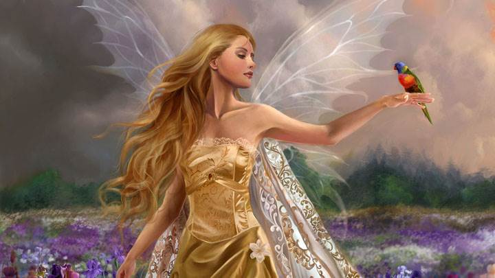 3d Girl In Golden Long Dress And Bird On Hand In Garden